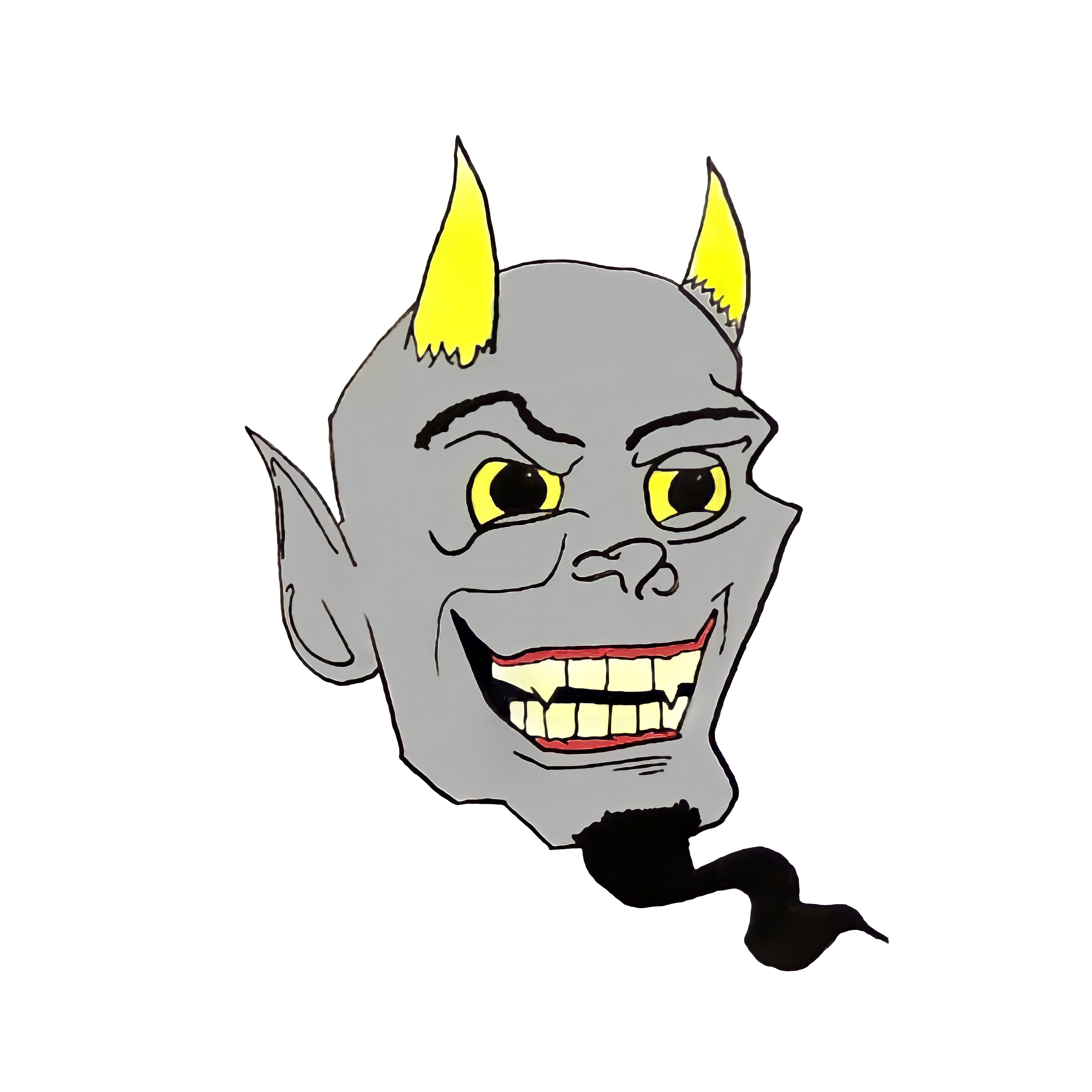 A grinning grey devil's head with yellow horns and yellow eyes, a forked black goatee trailing off its chin into a curling tail